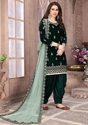 Dark Green Embroidered Net Kurta Set