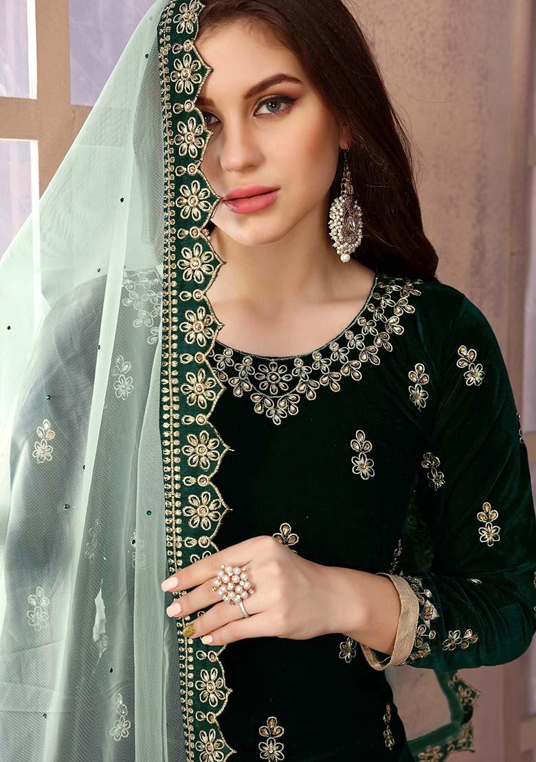 Dark Green Embroidered Net Kurta Set
