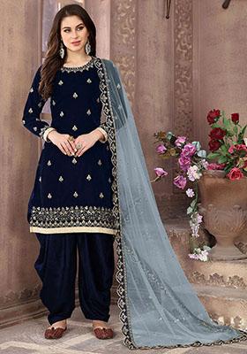 Navy Blue Embroidered Net Kurta Set