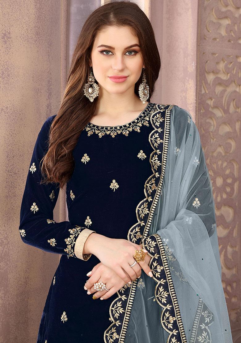 Navy Blue Embroidered Net Kurta Set