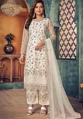 Off White Embroidered Net Kurta Set