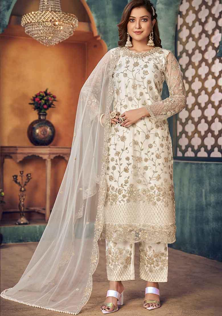 Off White Embroidered Net Kurta Set