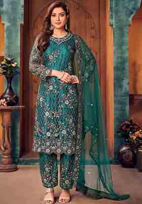 Teal Green Embroidered Net Kurta Set