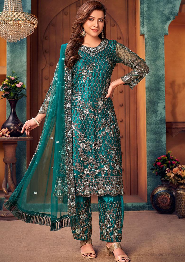 Teal Green Embroidered Net Kurta Set
