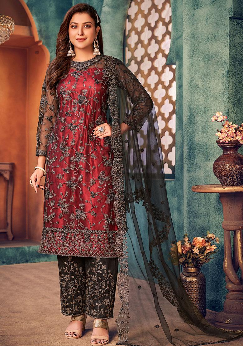 Red Embroidered Net Kurta Set