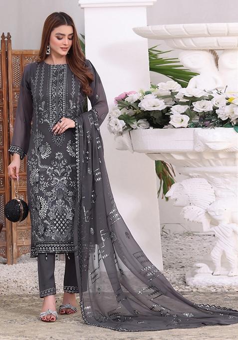 Dark Grey Embroidered Faux Georgette Kurta set