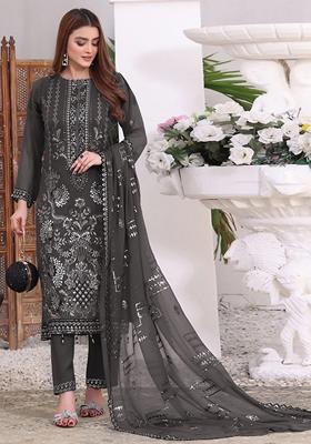Grey Embroidered Faux Georgette Kurta set