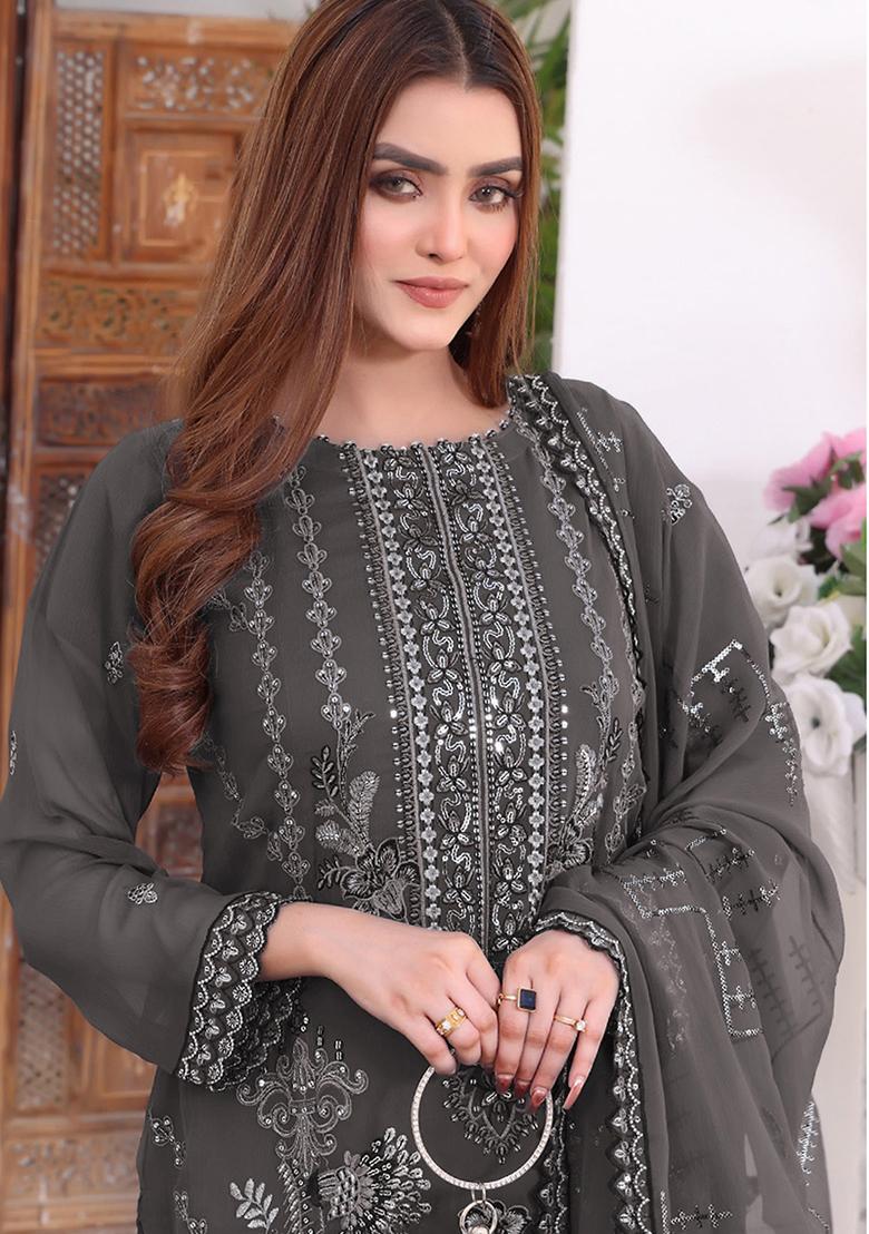 Grey Embroidered Faux Georgette Kurta set