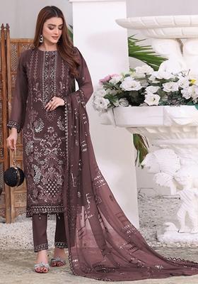 Dark Brown Embroidered Faux Georgette Kurta set