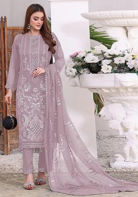 Light Purple Embroidered Faux Georgette Kurta set