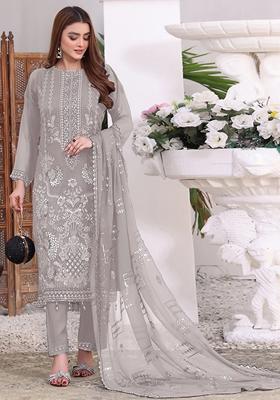 Light Grey Embroidered Faux Georgette Kurta set