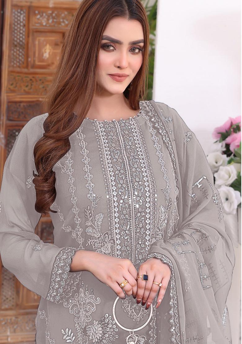 Light Grey Embroidered Faux Georgette Kurta set