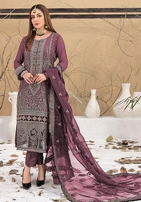 Wine Embroidered Faux Georgette Kurta set