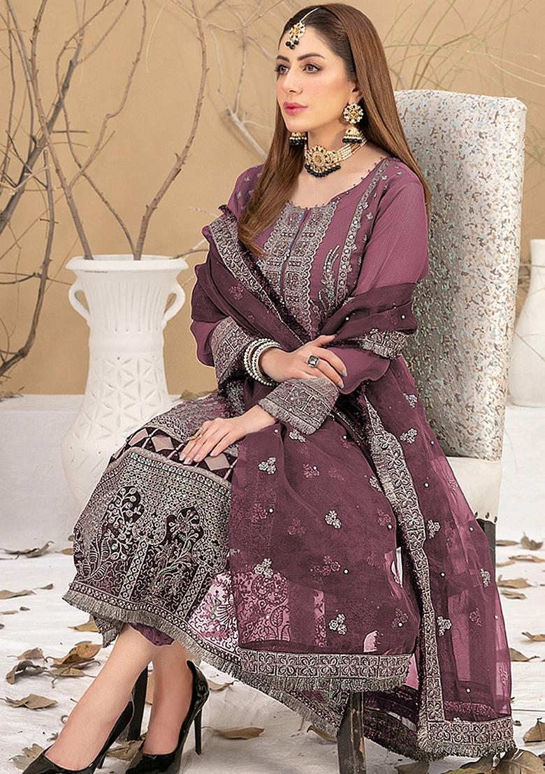Wine Embroidered Faux Georgette Kurta set