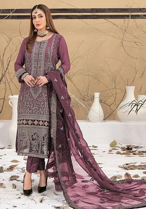 Wine Embroidered Faux Georgette Kurta set