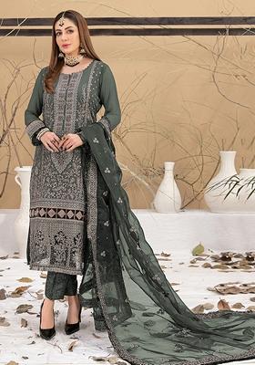 Dark Green Embroidered Faux Georgette Kurta set
