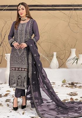 Dark Purple Embroidered Faux Georgette Kurta set