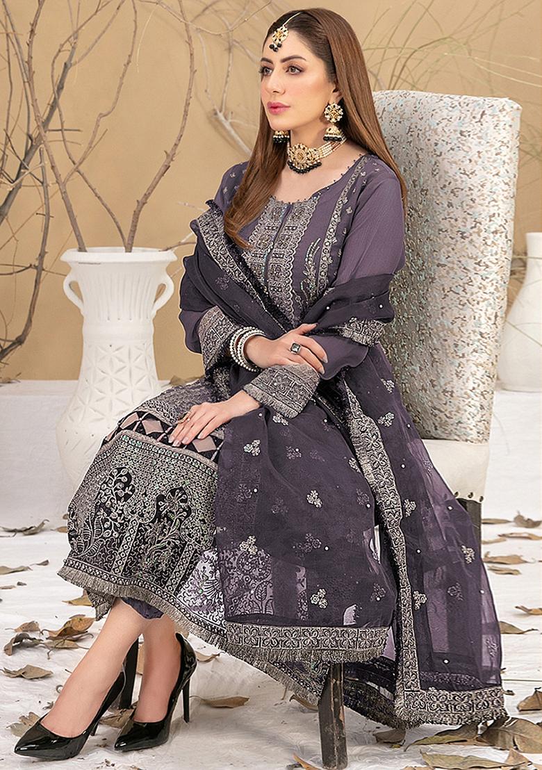 Dark Purple Embroidered Faux Georgette Kurta set