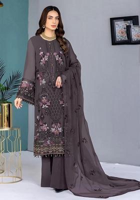 Dark Grey Embroidered Faux Georgette Kurta set