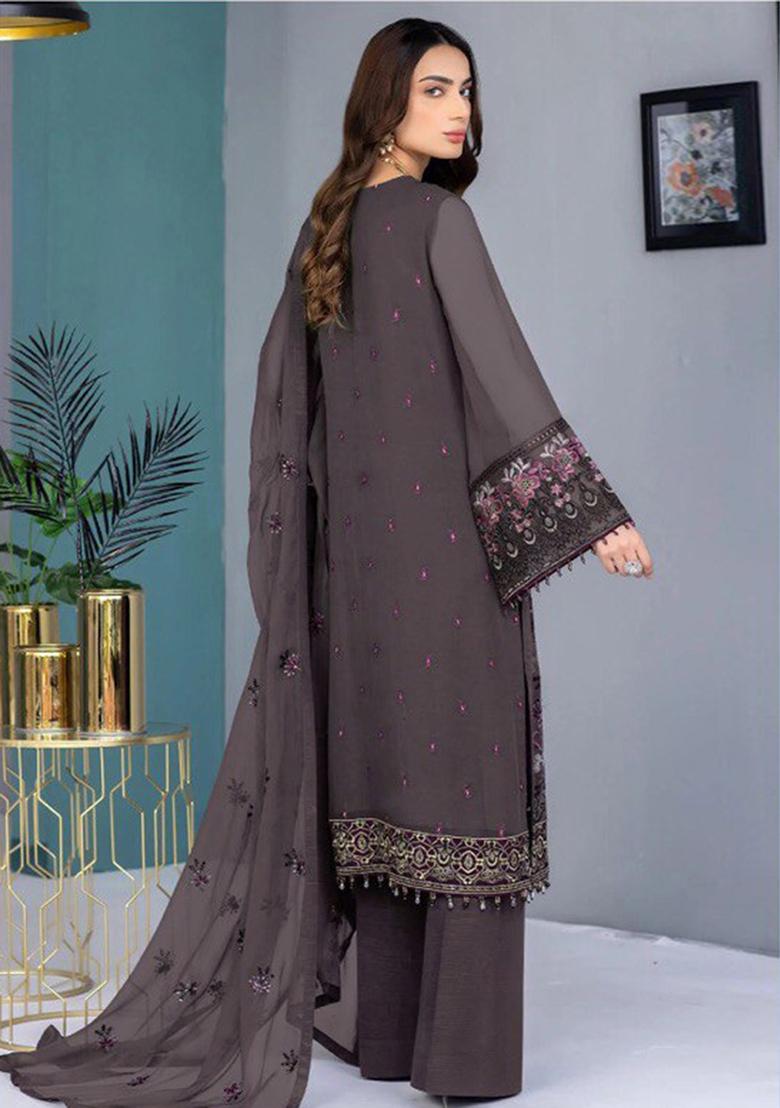 Dark Grey Embroidered Faux Georgette Kurta set