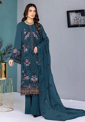 Dark Teal Embroidered Faux Georgette Kurta set