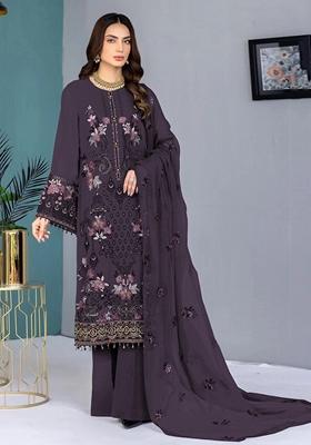 Dark Purple Embroidered Faux Georgette Kurta set