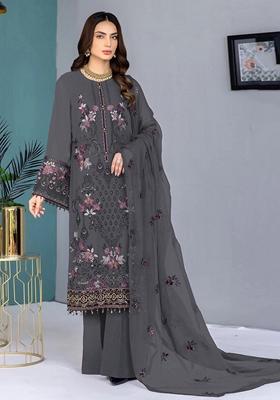 Dark Grey Embroidered Faux Georgette Kurta set