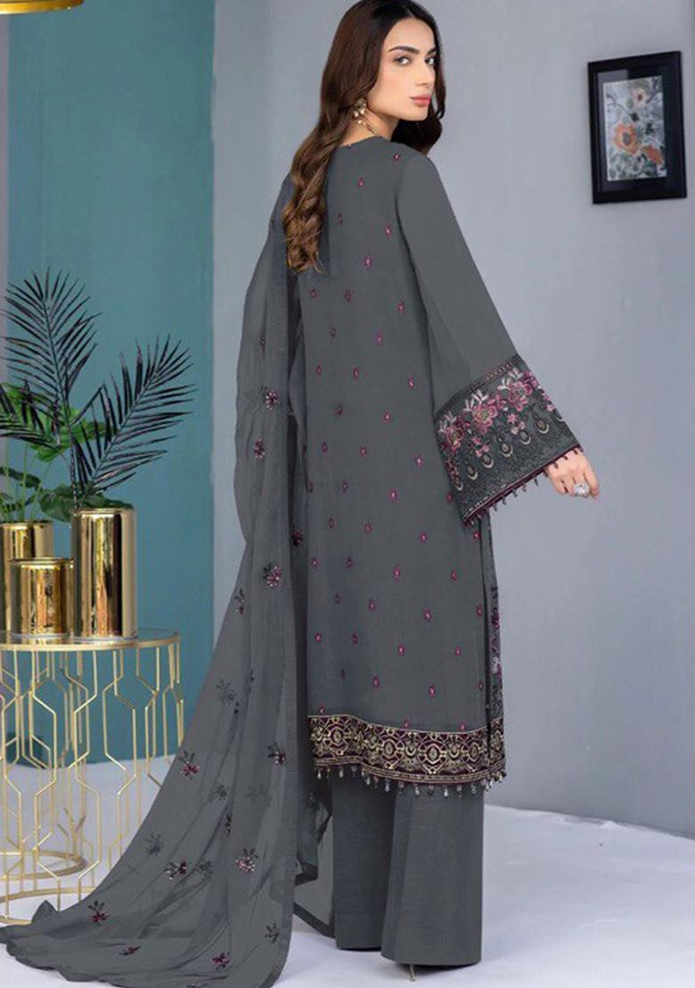 Dark Grey Embroidered Faux Georgette Kurta set