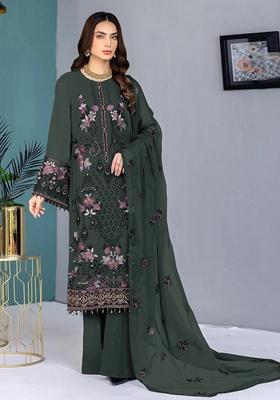 Dark Green Embroidered Faux Georgette Kurta set