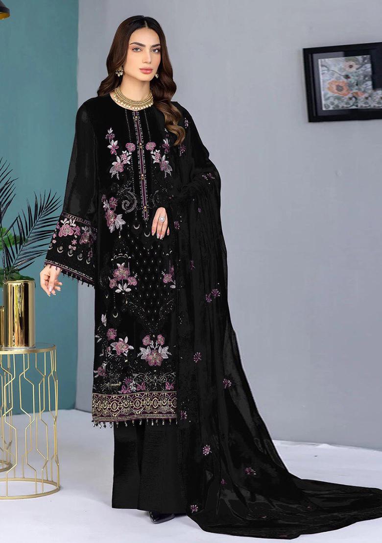 Black Embroidered Faux Georgette Kurta set - Indya