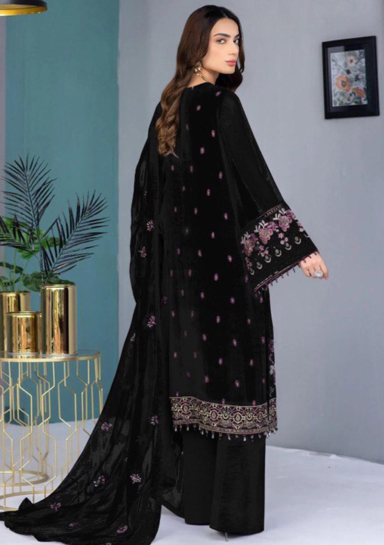 Black Embroidered Faux Georgette Kurta set - Indya