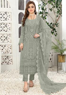 Light Olive Embroidered Faux Georgette Kurta set