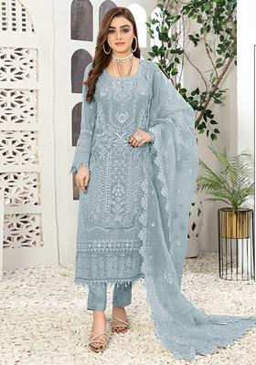 Sky Blue Embroidered Faux Georgette Kurta set