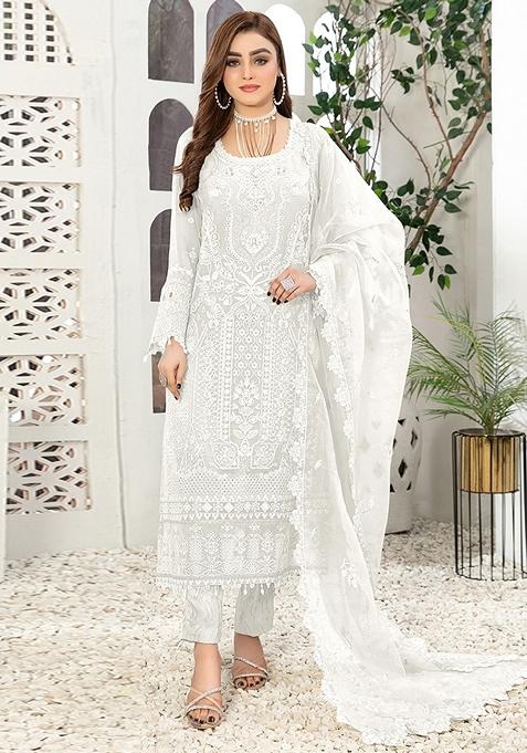 White Embroidered Faux Georgette Kurta set