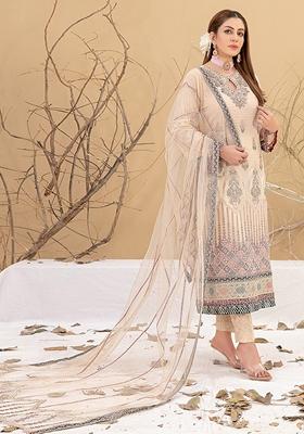 Cream Embroidered Faux Georgette Kurta set