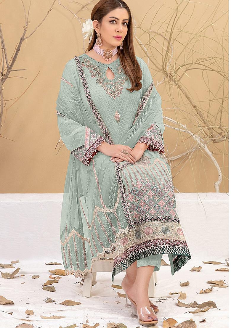 Light Sea Green Embroidered Faux Georgette Kurta set