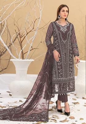Dark Brown Embroidered Faux Georgette Kurta set