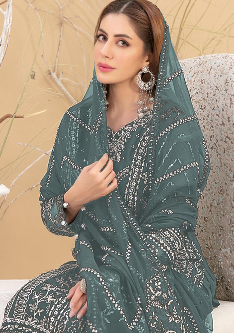 Teal Green Embroidered Faux Georgette Kurta set