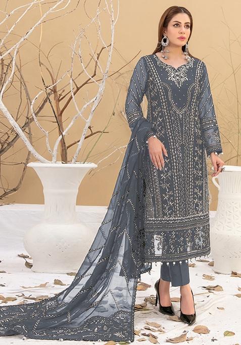 Dark Grey Embroidered Faux Georgette Kurta set