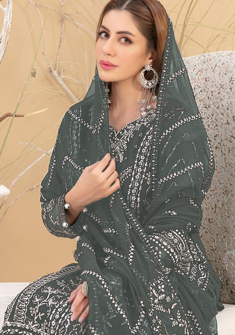 Dark Green Embroidered Faux Georgette Kurta set