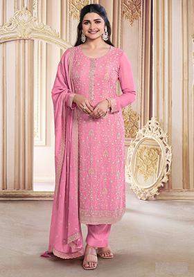 Pink Embroidered Georgette Kurta Set