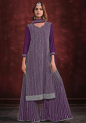 Purple Stone Work Georgette Sharara Set