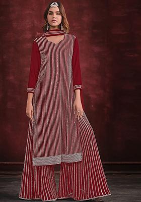 Maroon Stone Work Georgette Sharara Set