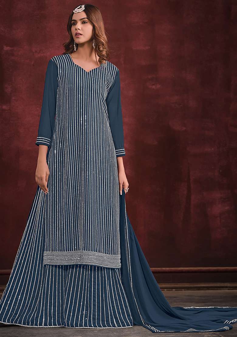 Teal Blue Sequin Work Georgette Sharara Set - Indya