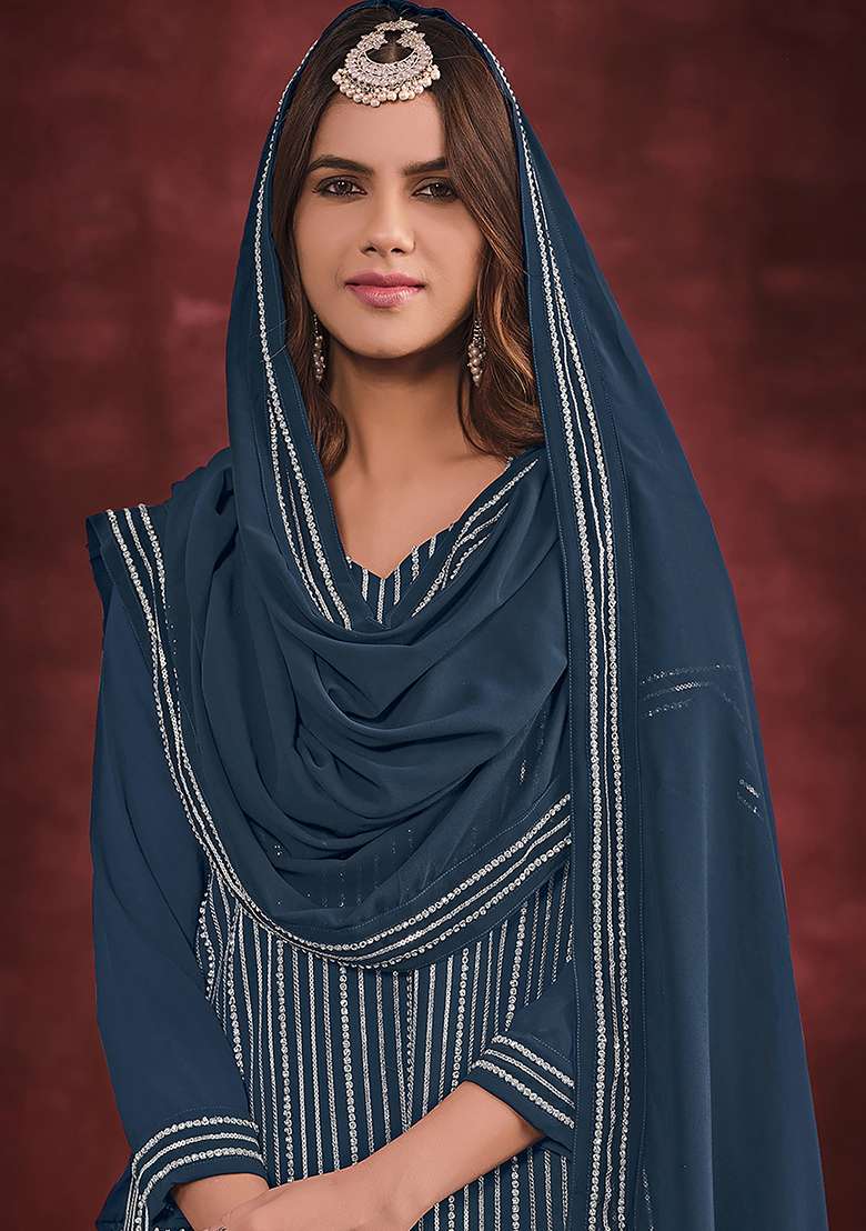 Teal Blue Sequin Work Georgette Sharara Set - Indya