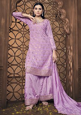 Purple Woven Art Silk Kurta Set