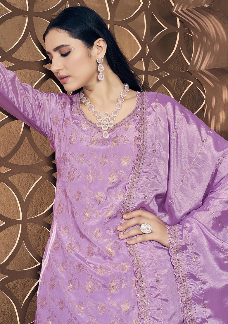 Purple Woven Art Silk Kurta Set