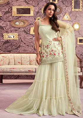 Cream Embroidered Georgette Sharara Set