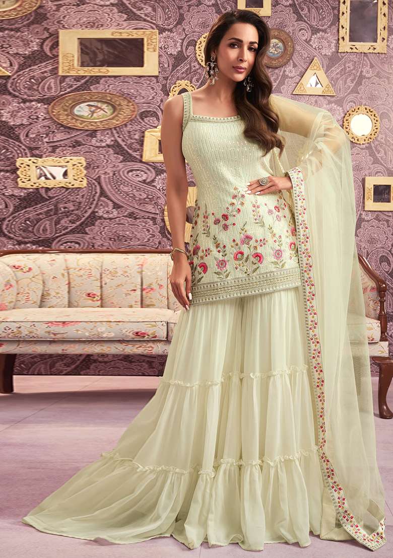Cream Embroidered Georgette Sharara Set - Indya