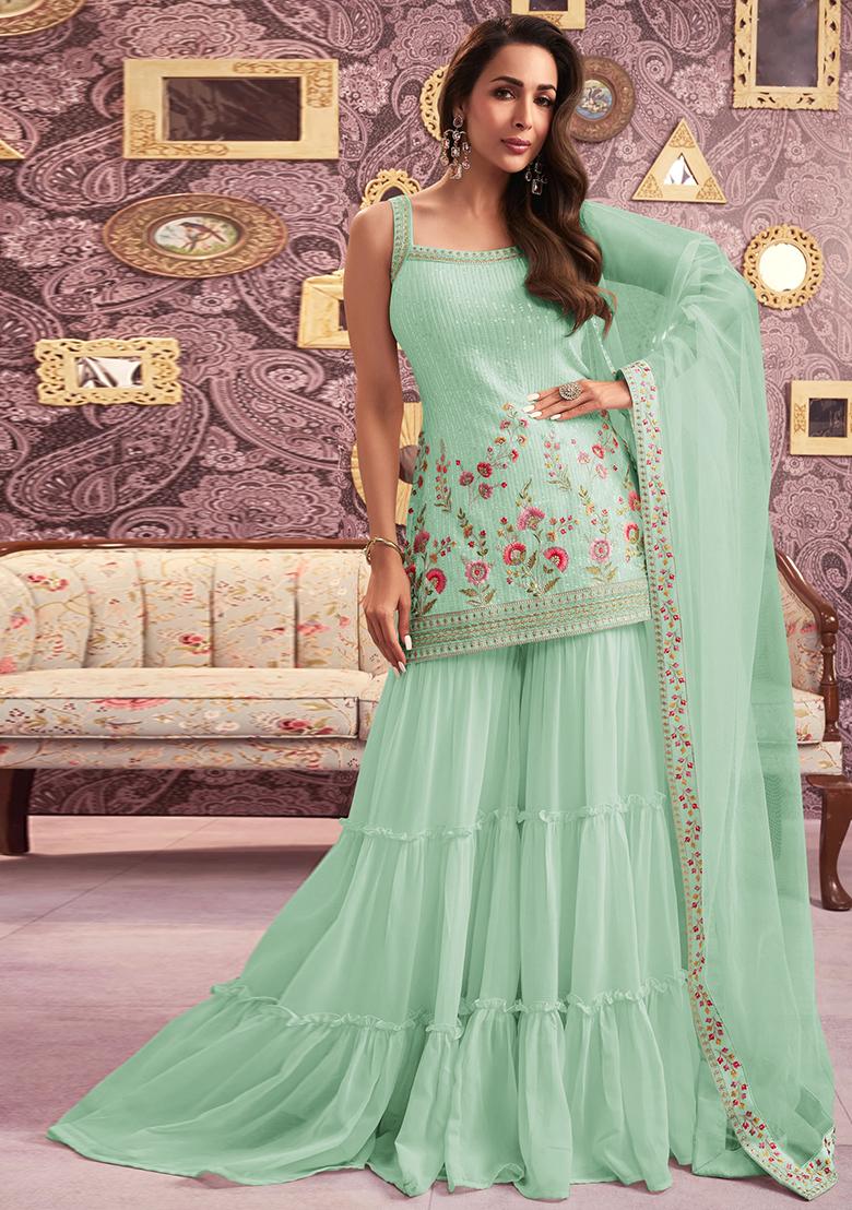 Sea Green Embroidered Georgette Sharara Set